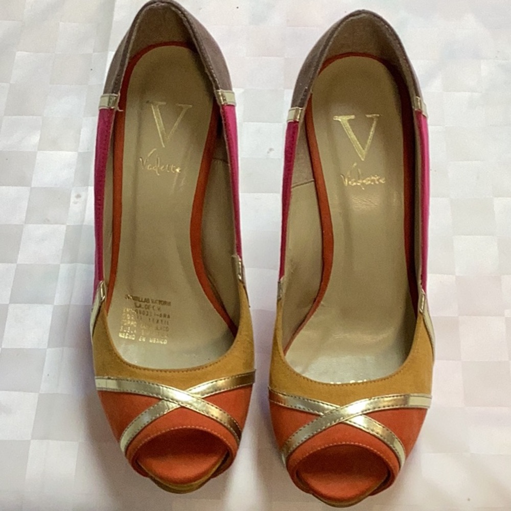 Vedette, size6.5, faux suede, orange, gold, pink, brown with gold trim 4.5”heels